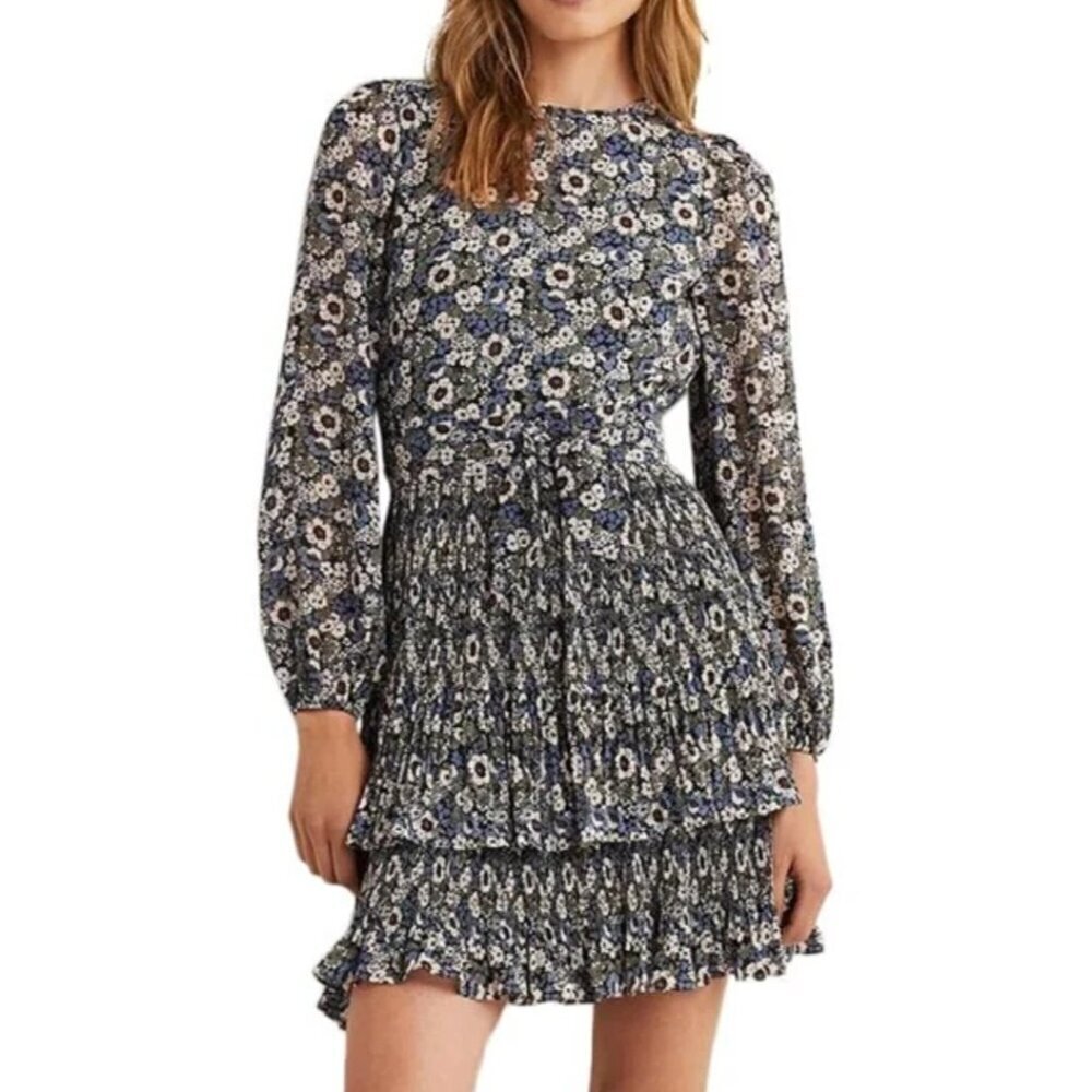 Boden Plisse Mini Dress Womens 4R Blue Floral Layered Flowy Long Sleeve